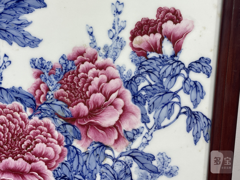 五十年代 青花胭脂红彩花开富贵图瓷板 - 图5